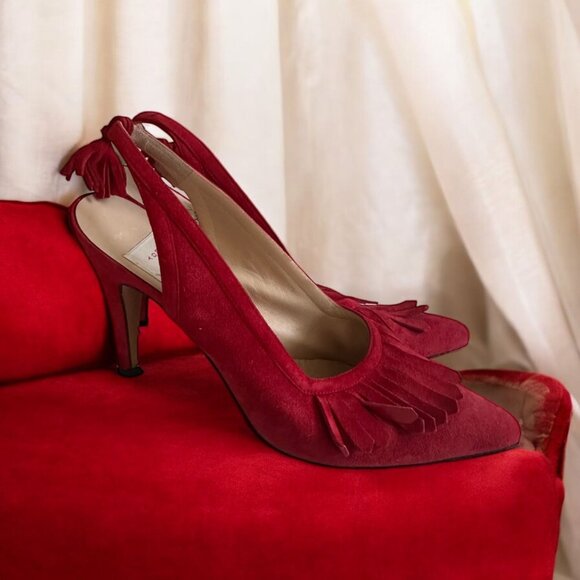 TODD OLDHAM Vintage Red Suede Slingback Heels Size 37.5 - Picture 1 of 6
